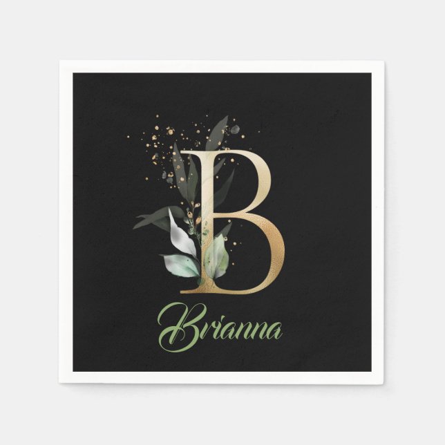 B monogram grönska eucalyptus guld glitter svart pappersservett (Framsidan)