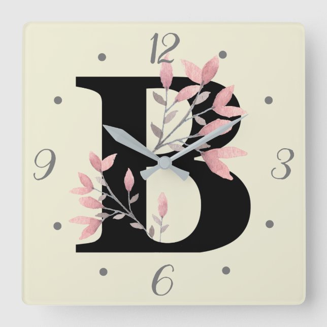B Monogram med rosa blommiga sprutar Fyrkantig Klocka (Framsida)
