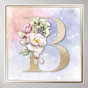 B Monogram Rosa Blommig Poster