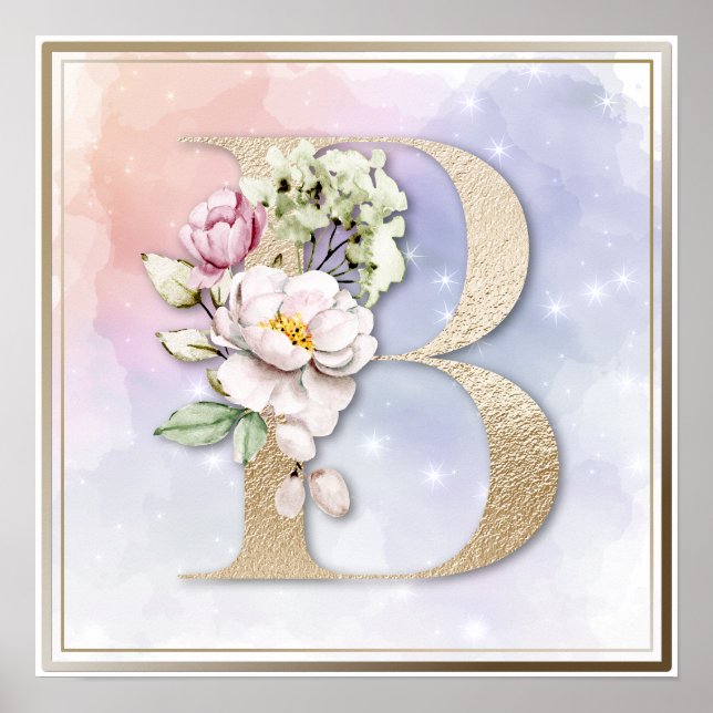 B Monogram Rosa Blommigt Poster (Framsidan)
