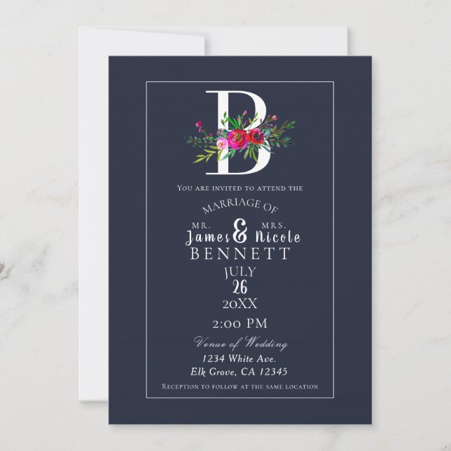 B Monogram Sista Initial Modern Blå Blommig Bröllo Inbjudningar (Framsida)