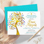 B’nai Mitzvah Tur ise Guld Livets träd 2 Datum Inbjudningar<br><div class="desc">Var stolt, gladd och visa den här milstolpen av din favorit B'nai Mitzvahs! Den här grafikton faux guld foil träd med glatt turkos, teal, lila och blue Star av David och punkt "löv" på vit bakgrund är perfektens inbjudan till detta särskilda tillfälle. En liten, lätt turkotisk blå stjärna av David...</div>