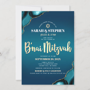 B’nai Mitzvah Turkos Ombre Agat Guld Skrift Inbjudningar