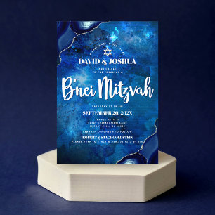 B’nei Mitzvah Modern Blue Agate Watercolor Script Inbjudningar