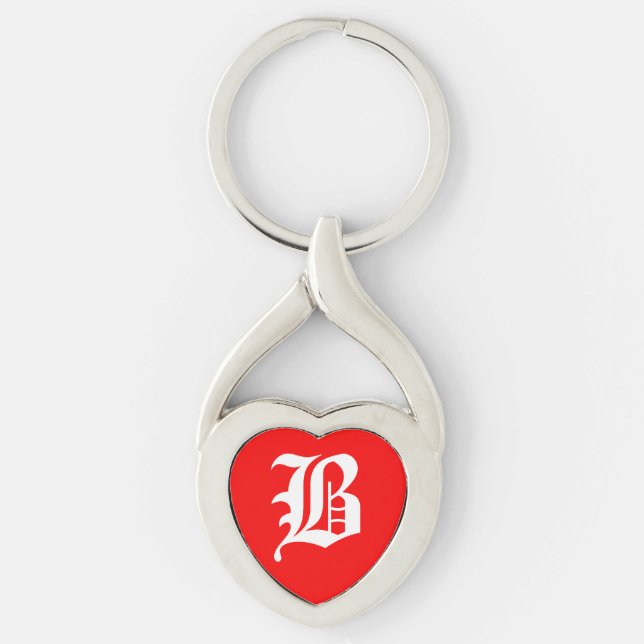 "B" Red Heart Keychain Twisted Heart Silverfärgad Nyckelring (Framsidan)