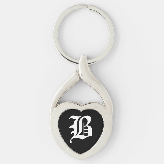 "B" Svart Hjärtnyckelring Twisted Heart Silverfärgad Nyckelring (Framsidan)