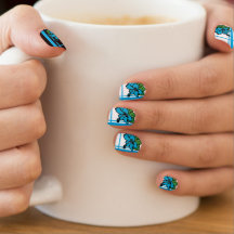 B&W Blanda Teal Hibiscus Kort Nail Art