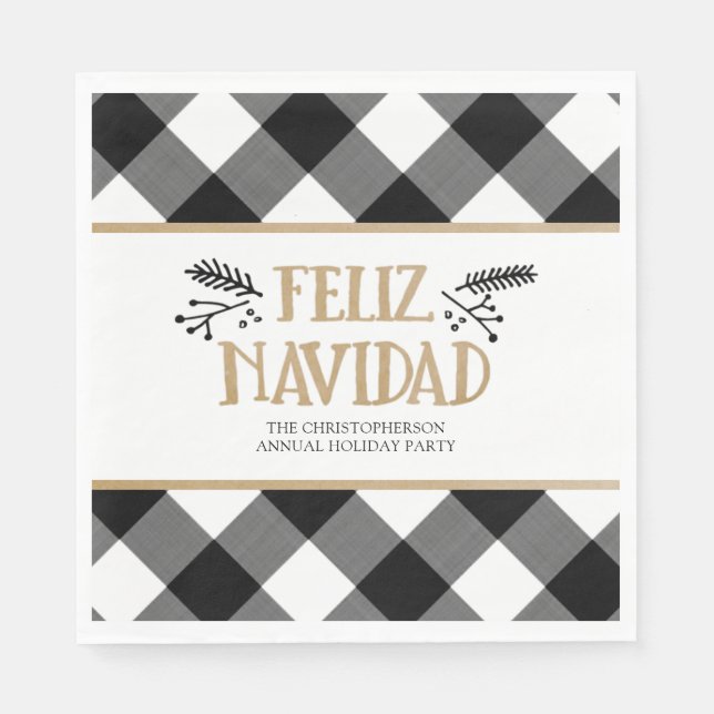 B&W Buffalo Check Brown Kraft Feliz Navidad Pappersservett (Framsidan)