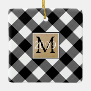 B&W Buffalo Check Monogram Photo Keepsak Julgransprydnad Keramik