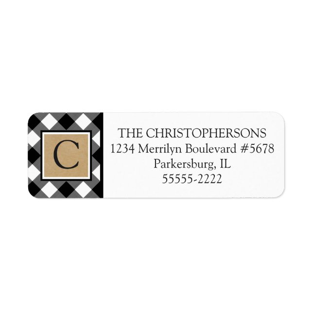 B&W Buffalo Check Pput and Kraft Papper Monogram Returadress Etikett (Framsidan)