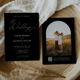 B & W Enkel Elegant Modern skript QR-kod Bröllop Inbjudningar