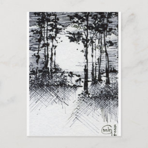 B&W Full Moon i Forest Sketch Vykort
