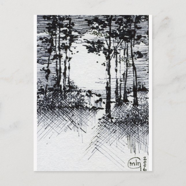 B&W Full Moon i Forest Sketch Vykort (Framsida)