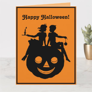 B/W Halloween Boy Girl Sitta Pumpkin-inbjudan Kort