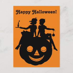 B/W Halloween Silhouette Boy Sitta Pumpkin Helg Vykort