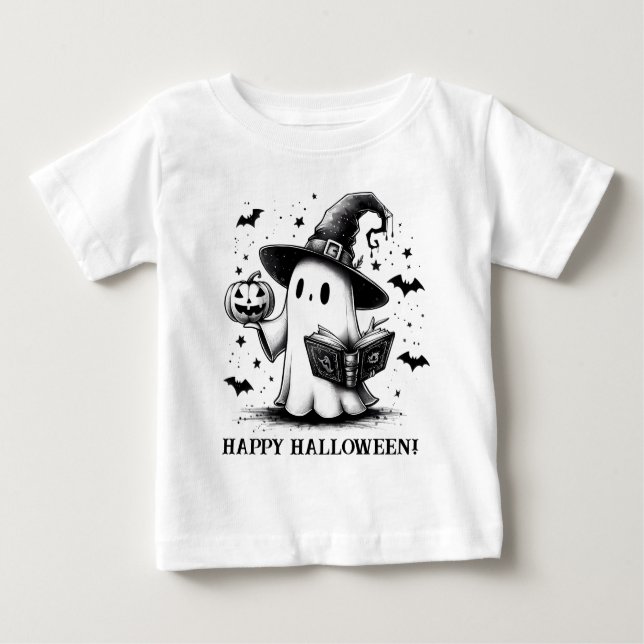 B & W Happy halloween Ghost T Shirt (Framsida)