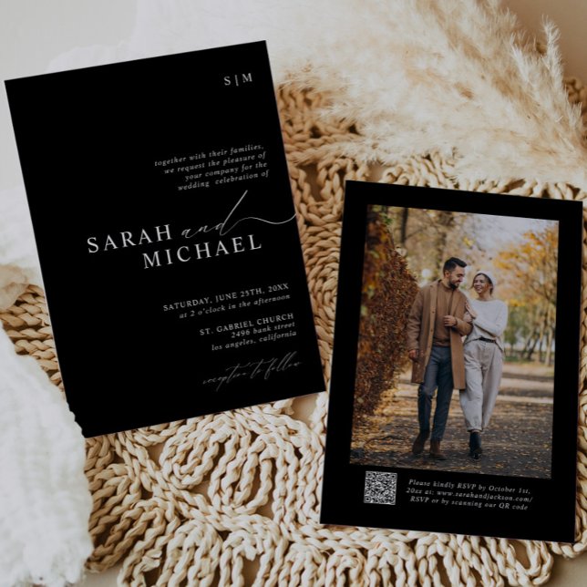 B&W Minimal Elegant Modern skript QR-kod Bröllop Inbjudningar (Skapare uppladdad)