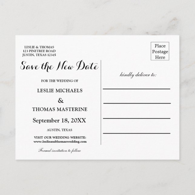 B&W Personalized Save the New Date Postcard Vykort (Baksida)