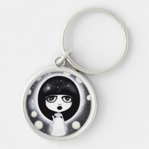 B&W poppsyrerealism, liten docka Rund Silverfärgad Nyckelring