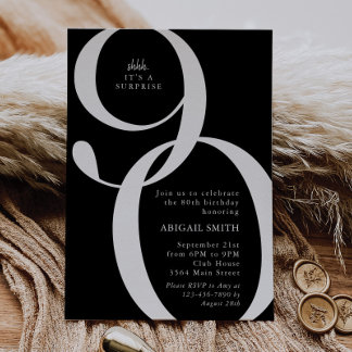 B & W Shh It's a Surprise 90th Birthday Party Inbjudningar