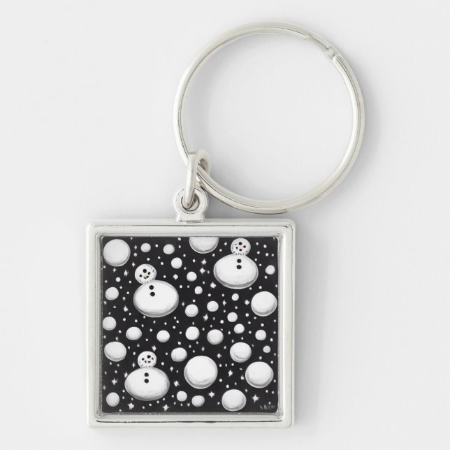 B&W Snökulor och Snögubbar Fyrkantig Silverfärgad Nyckelring (Framsidan)