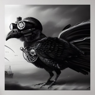 B&W Steampunk Robot Bird Poster