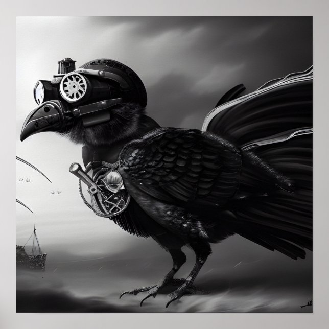 B&W Steampunk Robot Bird Poster (Framsidan)