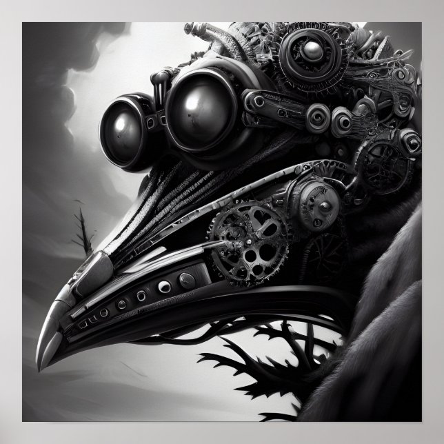 B&W Steampunk Robot Raven Poster (Framsidan)
