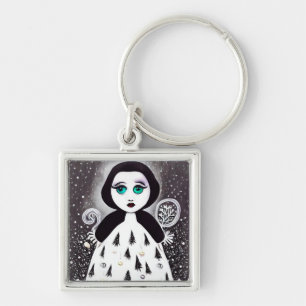 B&W Surreal Pop Julafton Träd Dress Doll Fyrkantig Silverfärgad Nyckelring