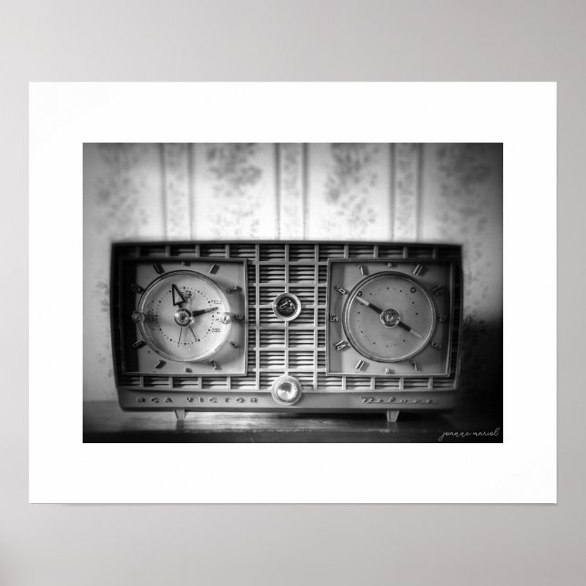 B&W Vintage klockradioaffisch tryck (Framsidan)