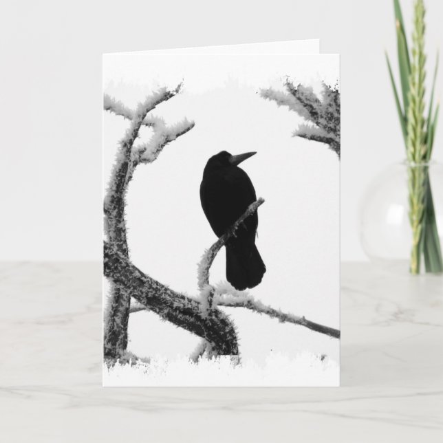 B&W Winter Raven Edgar Allan Poe Kort (Framsida)
