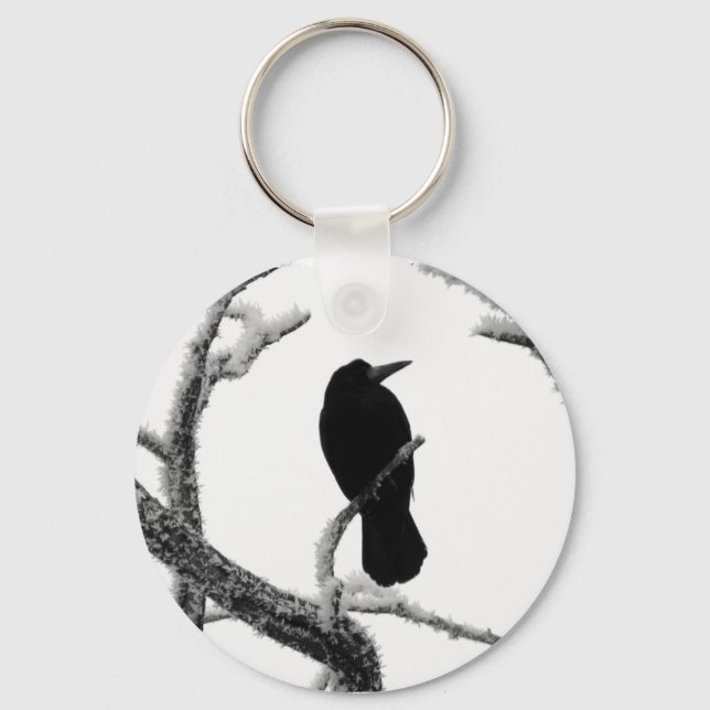B&W Winter Raven Edgar Allan Poe Nyckelring (Framsida)