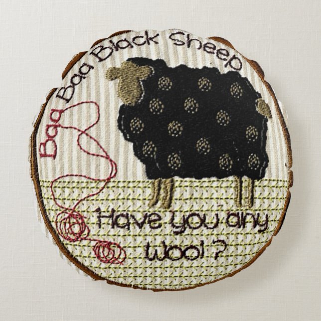 "Baa Baa Black Sheep" Rund Kudde (Framsidan)