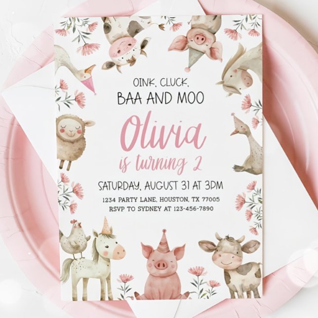 Baa Oink Moo Jag är två Inbjudan, Bondflicka 2-års Inbjudningar (Skapare uppladdad)