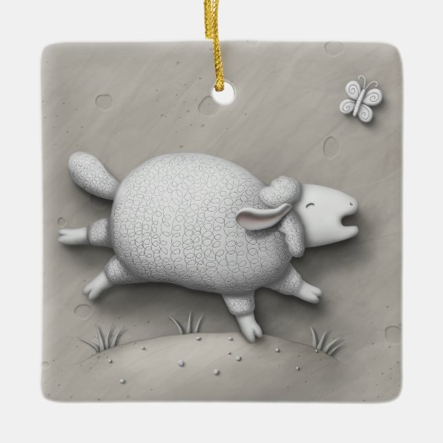 Baa Relief Cute Lycklig får Julgransprydnad Keramik (Framsida)