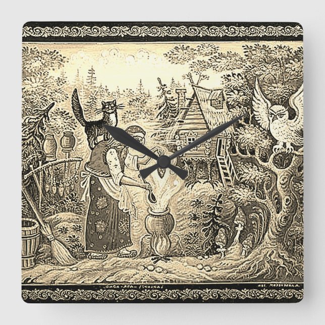 BABA JAGA RUSSIAN FOLKLORE SQUARE WALL CLOCK FYRKANTIG KLOCKA (Framsida)