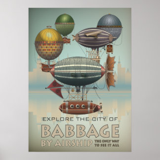 Babbage by Airship Steampunk Vintage resor Poster