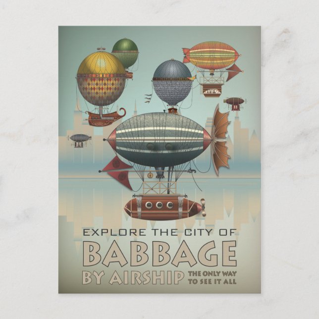 Babben av Airship Vintage Steampunk Travel Vykort (Framsida)