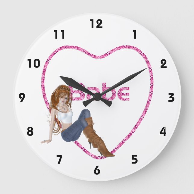 Babe Glitter Heart Candy Rödhårig Girl Design Stor Klocka (Framsida)