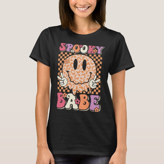 Babe Groovy Halloween Leopard Smile Ansikte Checke T Shirt (Framsida)