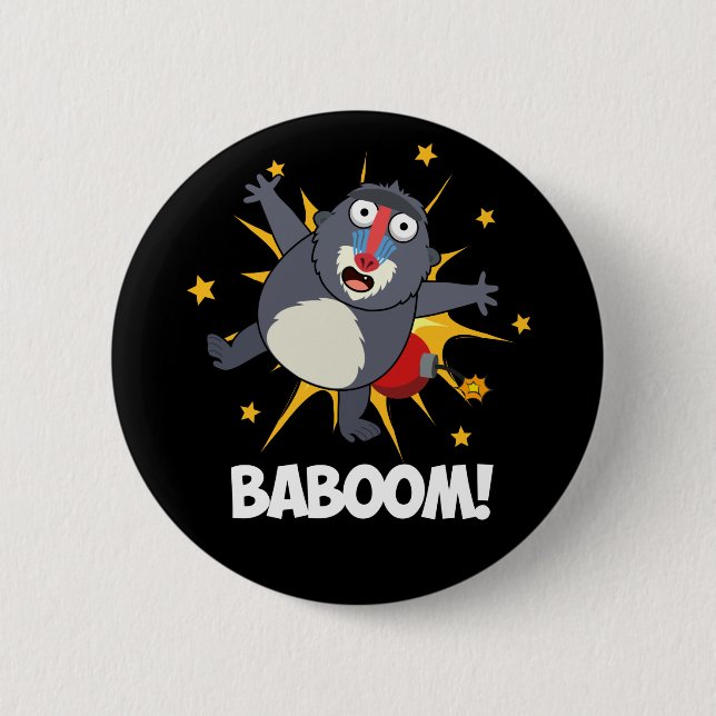 Baboom Funny Exploding Baboon Pun Mörk BG Knapp (Framsida)