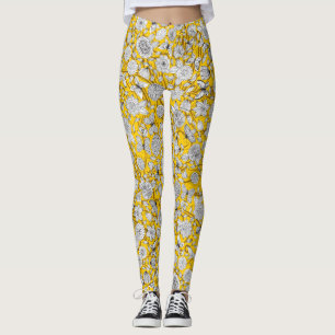 Babstrakt blommigt för ludd av vit gult leggings