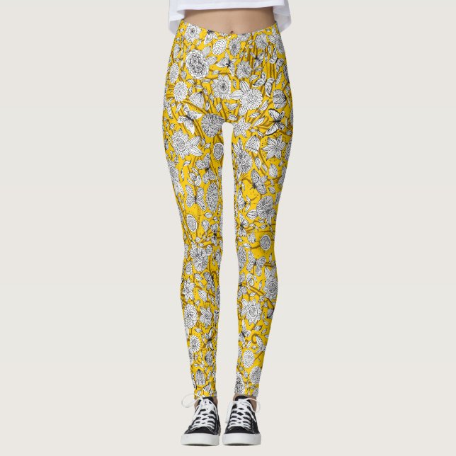 Babstrakt blommigt för ludd av vit gult leggings (Framsida)