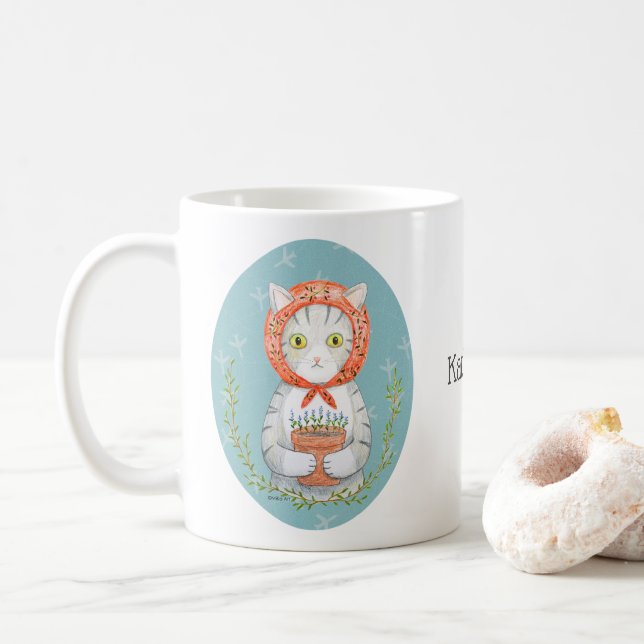 Babushka Katt Grå Tabby Katt Present Anpassat Namn Kaffemugg (Med munk)