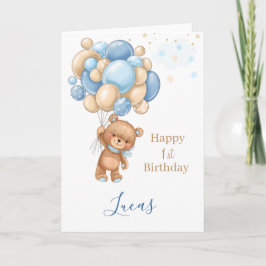 Baby 1:a födelsedag Nalle blå ballonger Kort
