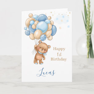 Baby 1:a födelsedag Nalle blå ballonger Kort