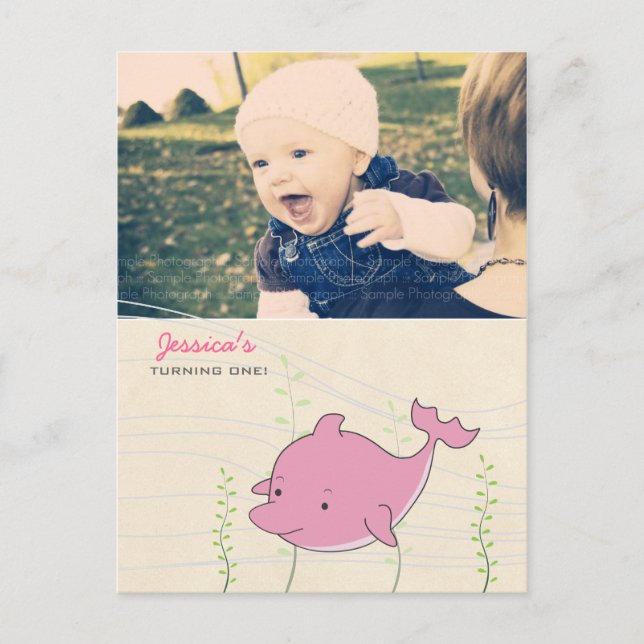 Baby 1: a födelsedag Party-Dolphin Inbjudan-kort Inbjudan Vykort (Framsida)