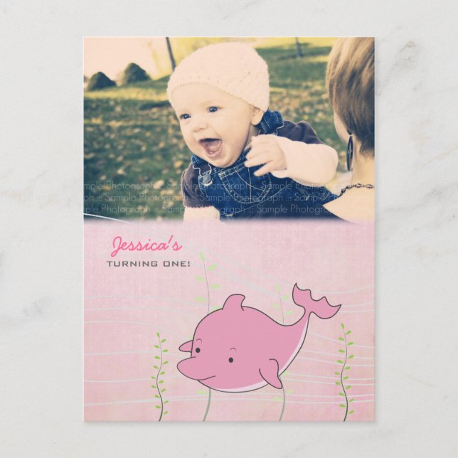 Baby 1: a födelsedag Party-Dolphin Inbjudan-kort Inbjudan Vykort (Framsida)