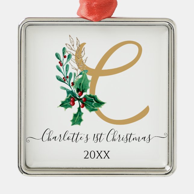 Baby 1:a jul, Monogram Holly Berry Guld Julgransprydnad Metall (Framsidan)