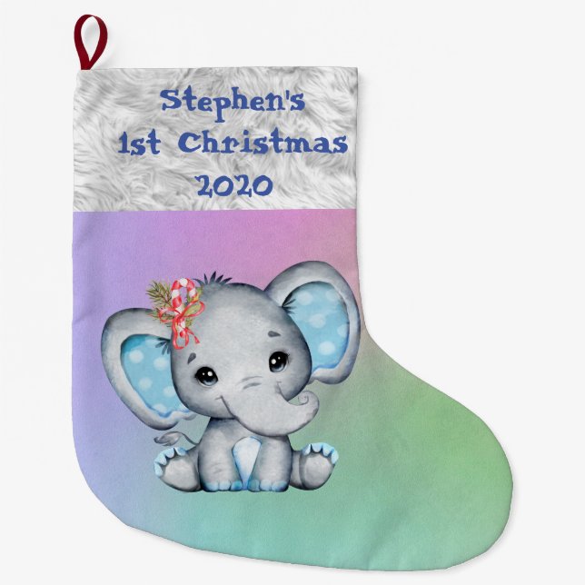 Baby 1:a julen Blå pojke Elefant Stor Julstrumpa (Framsidan)